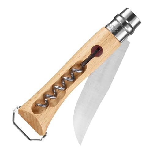 Opinel No. 10 Stainless Steel Corkscrew Wine and Cheese Folding Knife, Integrated Corkscrew + Bottle Opener, Beechwood Handle - Picnic Pocket Knife Made in France (Updated Version)