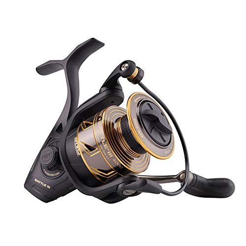 PENN Battle III Spinning Inshore Fishing Reel, HT-100 Front Drag, max of 15lb | 6.8kg, Made with Sturdy All-Aluminum Composition for Durability, 4000, black gold