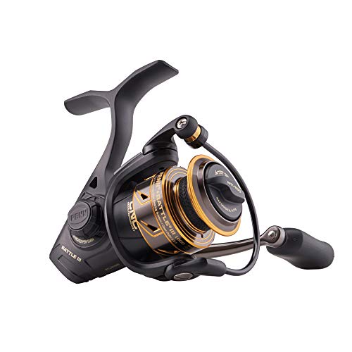 PENN Battle III Spinning Inshore Fishing Reel, HT-100 Front Drag, max of 15lb | 6.8kg, Made with Sturdy All-Aluminum Composition for Durability,Black/Gold