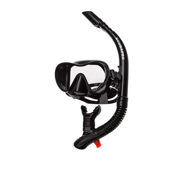 SCUBAPRO Trinidad Adult Scuba Mask and Snorkel Set with Frameless Single Lens, Snorkel Splashguard Top, and Purge Valve, Includes Whistle, Black