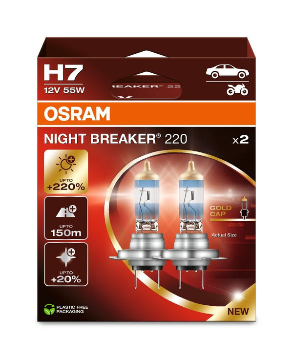 OSRAM NIGHT BREAKER 220, H7, 220% more brightness, halogen headlight lamp, 64210NB220-2HB, Folding Box (2 lamps), white