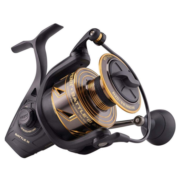 PENN Battle III Spinning Nearshore/Offshore Fishing Reel, HT-100 Front Drag, max of 30lb | 13.6kg, Made with Sturdy All-Aluminum Composition for Durability, 8000, Black Gold