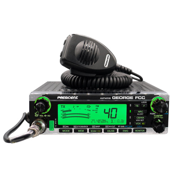 President George FCC AM/FM/SSB CB Radio, CTCSS/DCS, Large 7 Color LCD Display, Weather Channel/Alert, ASC, VOX, Scan Skip, USB Port, NRC, Automatic SWR, PA, SWR and Voltage Protection