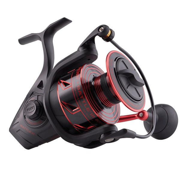 PENN Battle III Spinning Nearshore/Offshore Fishing Reel, HT-100 Front Drag, max of 30lb | 13.6kg, Made with Sturdy All-Aluminum Composition for Durability,Red/Black, 8000