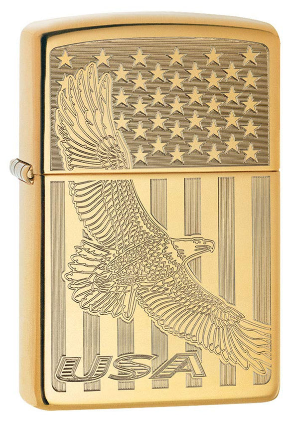 Zippo Lighter: USA Flying Eagle and Flag, Engraved - High Polish Brass 80744